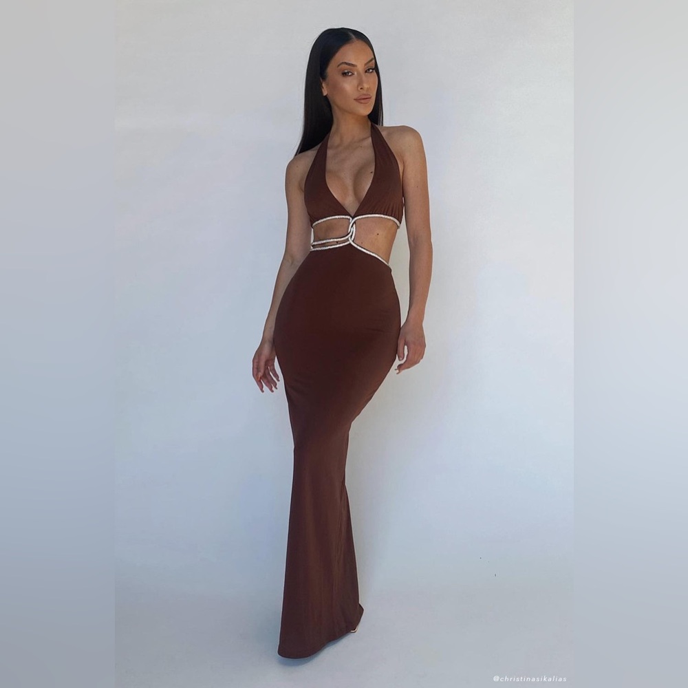 Nicha Diamante Cut Out Midi Dress - Chocolate